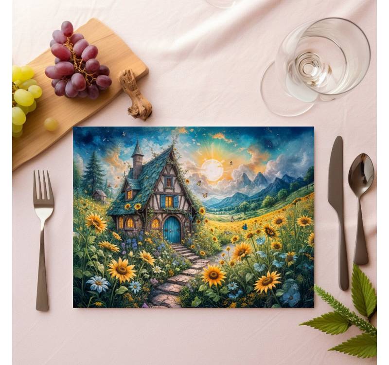 raxxa Platzset raxxa Premium-Platzset"Magical Cottage with Sunflower Field", (Set, 4-St., Platzdecken) von raxxa