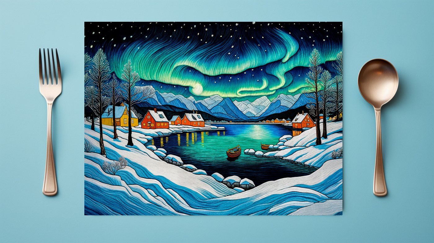 raxxa Platzset raxxa Premium-Platzset"Majestic Aurora Borealis Over Winter Fjord", (Set, 4-St., Platzdecken) von raxxa