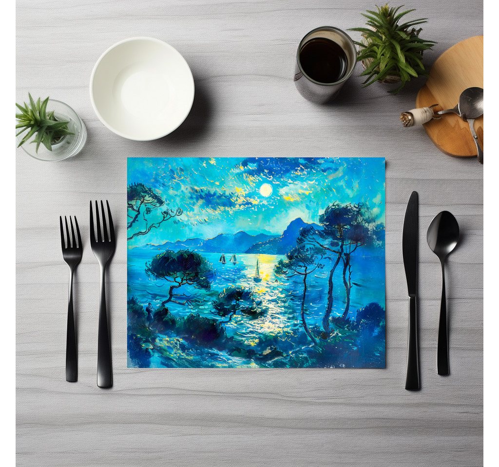 raxxa Platzset raxxa Premium-Platzset"Moonlit Bay with Boats Impressionist Nocturne", (Set, 4-St., Platzdecken) von raxxa
