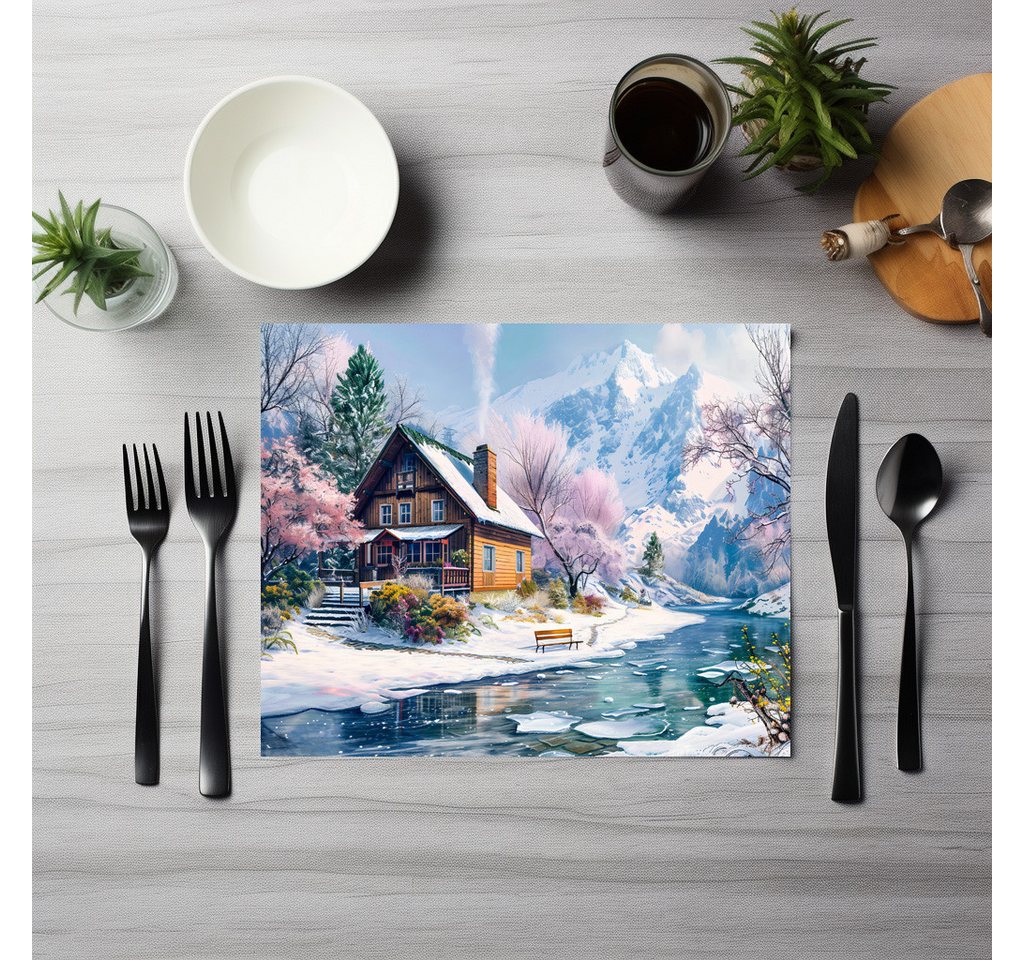 raxxa Platzset raxxa Premium-Platzset"Mountain Cottage in Spring with Blossoms", (Set, 4-St., Platzdecken) von raxxa