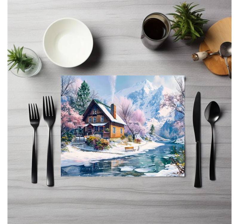 raxxa Platzset raxxa Premium-Platzset"Mountain Cottage in Spring with Blossoms", (Set, 4-St., Platzdecken) von raxxa