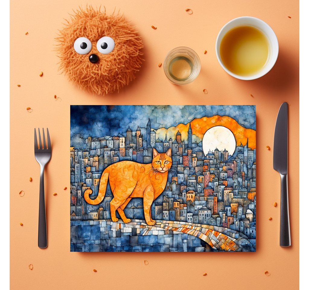 raxxa Platzset raxxa Premium-Platzset"Orange Cat in Urban Sunset Watercolor", (Set, 4-St., Platzdecken) von raxxa