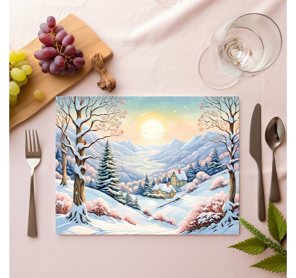 raxxa Platzset raxxa Premium-Platzset"Pastel Watercolor Sunny Winter Landscape", (Set, 2-St., Platzdecken) von raxxa