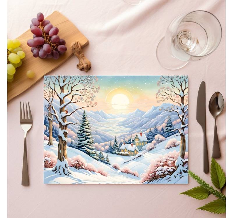 raxxa Platzset raxxa Premium-Platzset"Pastel Watercolor Sunny Winter Landscape", (Set, 4-St., Platzdecken) von raxxa