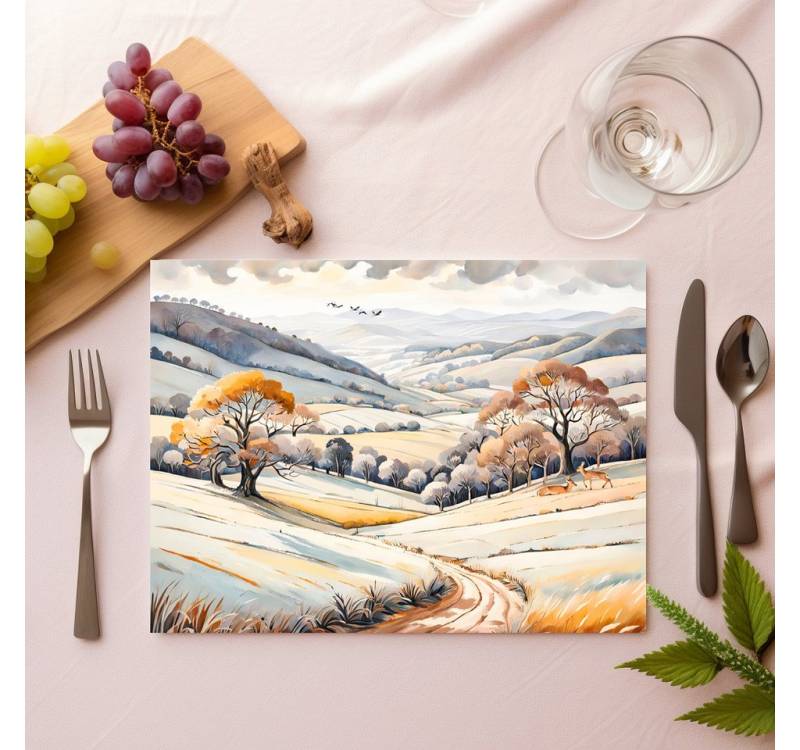 raxxa Platzset raxxa Premium-Platzset"Pastel Watercolor Sunny Winter Landscape", (Set, 4-St., Platzdecken) von raxxa