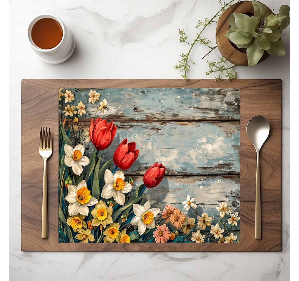 raxxa Platzset raxxa Premium-Platzset"Red Tulips and Daffofils on Blue Wood", (Set, 4-St., Platzdecken) von raxxa