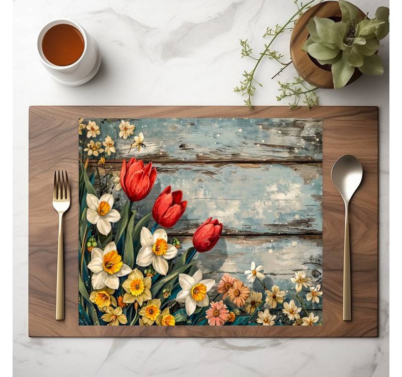 raxxa Platzset raxxa Premium-Platzset"Red Tulips and Daffofils on Blue Wood", (Set, 4-St., Platzdecken) von raxxa