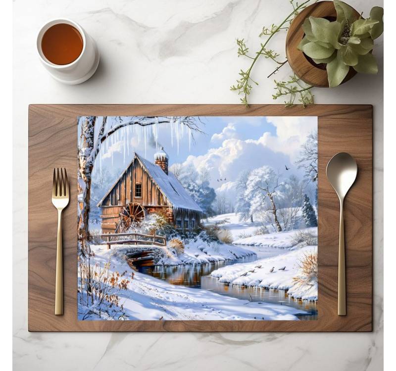 raxxa Platzset raxxa Premium-Platzset"Rustic Winter Barn by Frozen Stream", (Set, 2-St., Platzdecken) von raxxa