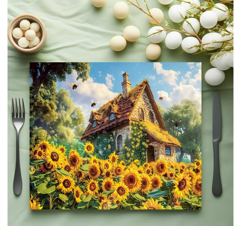 raxxa Platzset raxxa Premium-Platzset"Sunlit Farmhouse with Blooming Sunflowers", (Set, 4-St., Platzdecken) von raxxa