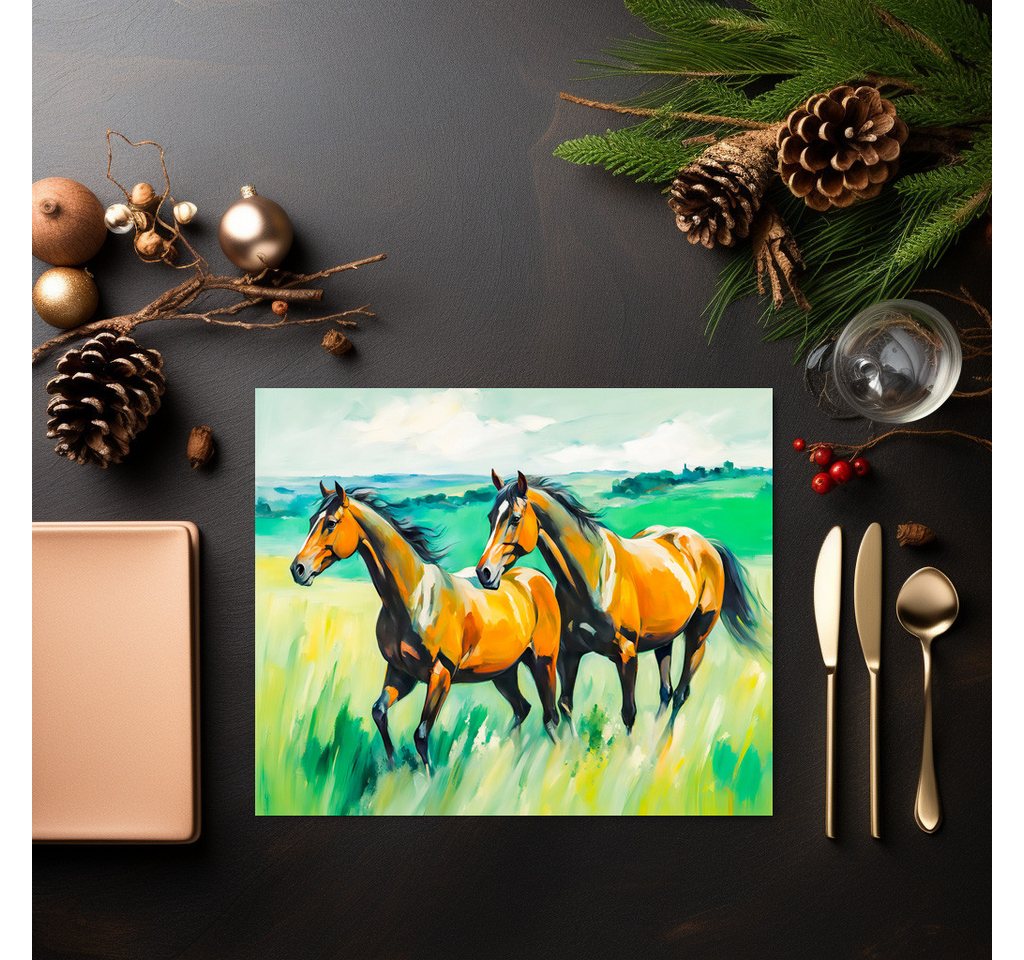 raxxa Platzset raxxa Premium-Platzset"Two Brown Horses Running Across Green Meadow", (Set, 4-St., Platzdecken) von raxxa