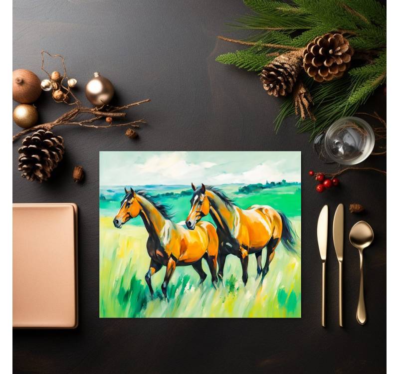 raxxa Platzset raxxa Premium-Platzset"Two Brown Horses Running Across Green Meadow", (Set, 4-St., Platzdecken) von raxxa