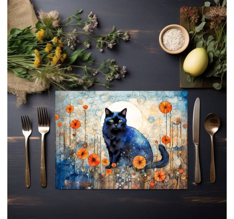 raxxa Platzset raxxa Premium-Platzset"Watercolor Black Cat in Poppy Field", (Set, 4-St., Platzdecken) von raxxa