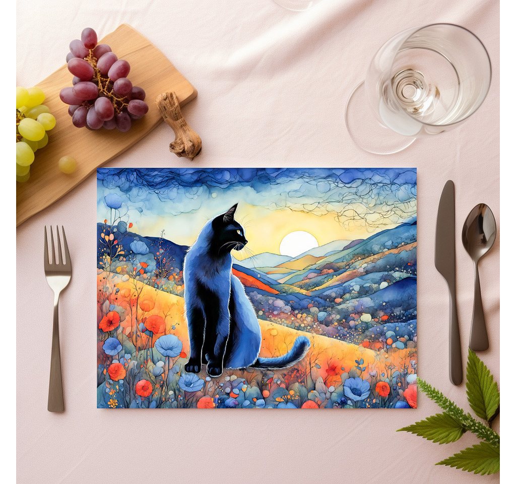 raxxa Platzset raxxa Premium-Platzset"Watercolor Black Cat in Sunset Hills", (Set, 4-St., Platzdecken) von raxxa