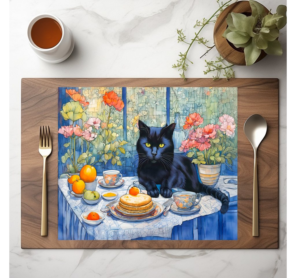 raxxa Platzset raxxa Premium-Platzset"Watercolor Black Cat with Tea Table", (Set, 4-St., Platzdecken) von raxxa