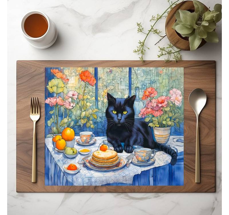 raxxa Platzset raxxa Premium-Platzset"Watercolor Black Cat with Tea Table", (Set, 4-St., Platzdecken) von raxxa