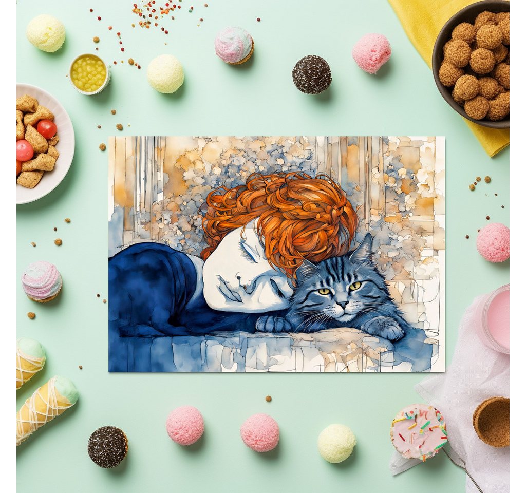 raxxa Platzset raxxa Premium-Platzset"Watercolor Woman Sleeping with Cat", (Set, 4-St., Platzdecken) von raxxa