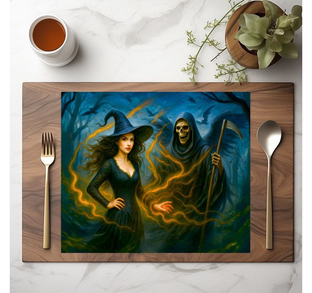 raxxa Platzset raxxa Premium-Platzset"Witch in dark forest with the grim reaper", (Set, 4-St., Platzdecken) von raxxa