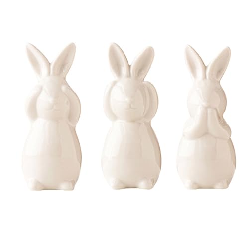 realideas Set mit drei Frühlings-Osterhasen-Figuren Dekoration – weißer Keramik-Osterhase, Hör nichts Böses sehen, kein Böses sehen, kein Böses sagen, Hasenfiguren-Set von realideas