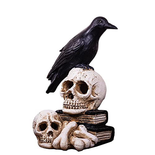 realideas Sitzender Rabe auf Totenkopf Rabe Krähe auf Büchern Halloween-Dekoration, gothin Vogel Krähe auf Skelett Bücher Figur Statue Heimdekoration Geschenk von realideas