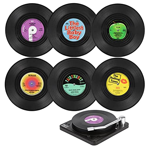 Untersetzer Rund 6 Stück Retro Vinyl Musik Schallplatten Glasuntersetzer Mit Plattenspieler Halter Wiederverwendbar Tischuntersetzer Mit rutschfest Dekoration Für Getränke Tassen Bar Zuhause Büro von rebirthsame