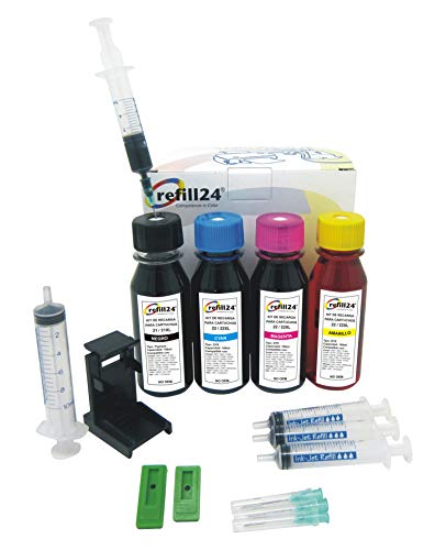 refill24 - Nachfüllset kompatibel für Tintenpatronen HP 21, 22, 21 XL, 22 XL, Schwarz und Farbe, inkl. Clip und Zubehör + 400 ml Tinte von refill24