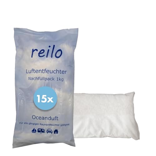 reilo 15x 1kg Oceanduft Luftentfeuchter Granulat, Raumluftentfeuchter im Vliesbeutel, Nachfüllpacks für gängige Entfeuchterboxen, Lufttrockner für Wohnraum, Schlafzimmer, Keller von reilo