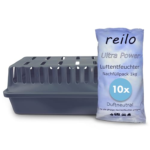 reilo 1x XXL Raumentfeuchterbox und 10x 1kg Ultrapower Luftentfeuchtergranulat, Luftentfeuchter-Komplettset, Raumentfeuchter im Vliesbeutel, Staffelpreis, für Auto, Schlafzimmer, Keller von reilo
