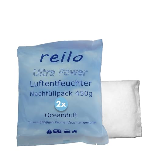 reilo 2x 450g Oceanduft Luftentfeuchter Granulat, Raumluftentfeuchter im Vliesbeutel, Nachfüllpacks für gängige Entfeuchterboxen, Lufttrockner für Wohnraum, Schlafzimmer, Keller von reilo