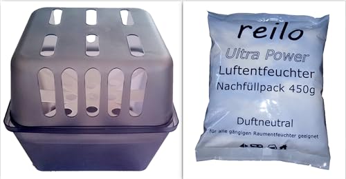 reilo 2x Raumentfeuchterbox und 10x 450g Ultrapower Luftentfeuchtergranulat, Luftentfeuchter-Komplettset, Raumentfeuchter im Vliesbeutel, Staffelpreis, für Auto, Schlafzimmer, Keller von reilo