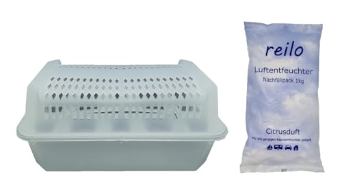 2x reilo XXL Raumentfeuchterbox mit 5x 1kg Citrus Ultrapower Duft- Luftentfeuchter- Raumentfeuchter- Granulat Nachfüllpack im Vliesbeutel von reilo