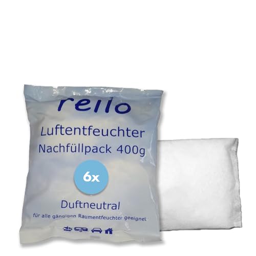 reilo 6x 400g Luftentfeuchter Granulat (Calciumchlorid), Raumluftentfeuchter im Vliesbeutel, Nachfüllpacks für Entfeuchterboxen 400 bis 1200g, Lufttrockner für Wohnräume, Schlafzimmer, Keller von reilo