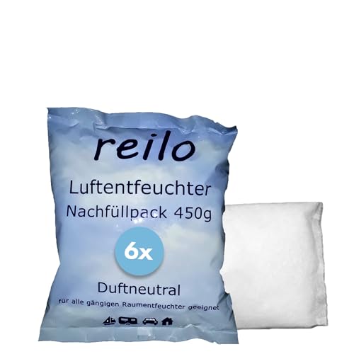 reilo 6x 450g Luftentfeuchter Granulat (Calciumchlorid), Raumluftentfeuchter im Vliesbeutel, Nachfüllpacks für Entfeuchterboxen 400 bis 1200 g, Lufttrockner für Wohnräume, Schlafzimmer, Keller von reilo