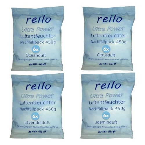 reilo Duftset, Probierset mit 24x 450g Luftentfeuchtergranulat, mit je 6x Citrus-, Jasmin-, Lavendel- und Oceanduft, Raumentfeuchter von reilo
