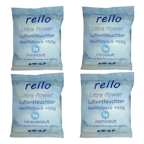 reilo Duftset, Probierset mit 4x 450g Luftentfeuchtergranulat, mit je 1x Citrus-, Jasmin-, Lavendel- und Oceanduft, Raumentfeuchter von reilo