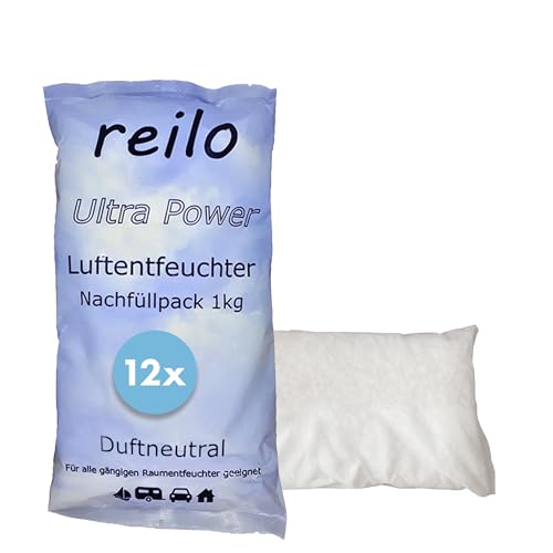 reilo 12x 1kg Ultra Power Luftentfeuchter Granulat, Raumluftentfeuchter im Vliesbeutel, Nachfüllpacks für Entfeuchterboxen 1 bis 1,2kg, Lufttrockner für Wohnräume, Schlafzimmer, Keller von reilo