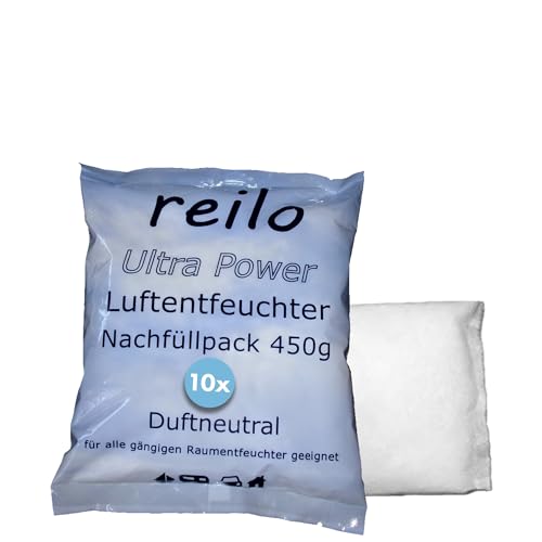 reilo 10x 450g Ultra Power Luftentfeuchter Granulat, Raumluftentfeuchter im Vliesbeutel, Nachfüllpacks für Entfeuchterboxen 450 bis 1200 g, Lufttrockner für Wohnräume, Schlafzimmer, Keller von reilo