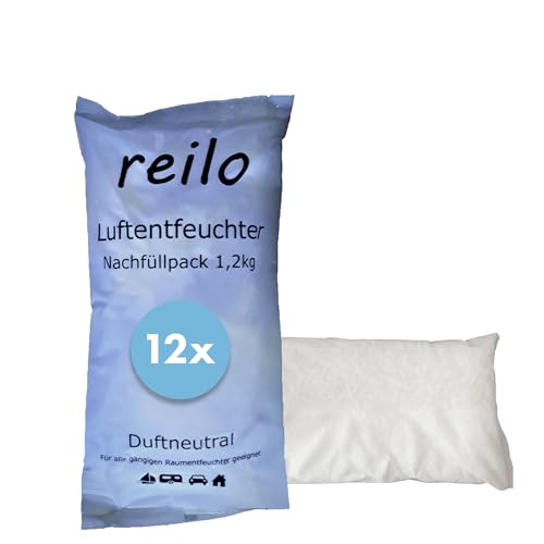 reilo 12x 1,2kg Luftentfeuchter Granulat (Calciumchlorid), Raumluftentfeuchter im Vliesbeutel, Nachfüllpacks für Entfeuchterboxen ab 1,2kg, Lufttrockner für Wohnräume, Schlafzimmer, Keller von reilo