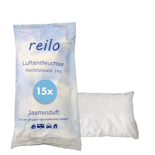 reilo 15x 1kg Jasminduft Luftentfeuchter Granulat, Raumluftentfeuchter im Vliesbeutel, Nachfüllpacks für gängige Entfeuchterboxen, Lufttrockner für Wohnraum, Schlafzimmer, Keller von reilo