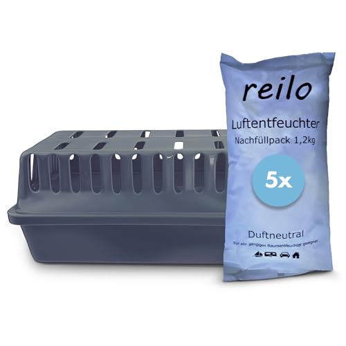 reilo 1x XXL Raumentfeuchterbox und 5x 1,2kg Luftentfeuchtergranulat, Luftentfeuchter-Komplettset, Raumentfeuchter im Vliesbeutel, Staffelpreis, für Auto, Schlafzimmer, Keller von reilo