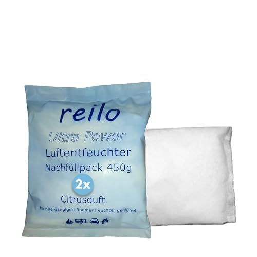 reilo 2x 450g Luftentfeuchter Granulat mit Citrusduft, Raumluftentfeuchter im Vliesbeutel, Nachfüllpacks für gängige Entfeuchterboxen, Lufttrockner für Wohnraum, Schlafzimmer, Keller von reilo