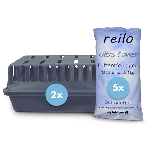 reilo 2x XXL Raumentfeuchterbox und 5x 1kg Ultrapower Luftentfeuchtergranulat, Luftentfeuchter-Komplettset, Raumentfeuchter im Vliesbeutel, Staffelpreis, für Auto, Schlafzimmer, Keller von reilo