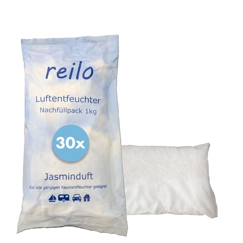 reilo 30x 1kg Jasminduft Luftentfeuchter Granulat, Raumluftentfeuchter im Vliesbeutel, Nachfüllpacks für gängige Entfeuchterboxen, Lufttrockner für Wohnraum, Schlafzimmer, Keller von reilo
