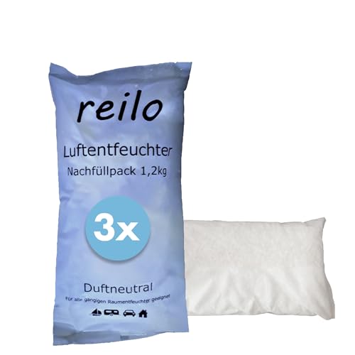 reilo 3x 1,2kg Luftentfeuchter Granulat (Calciumchlorid), Raumluftentfeuchter im Vliesbeutel, Nachfüllpacks für Entfeuchterboxen ab 1,2kg, Lufttrockner für Wohnräume, Schlafzimmer, Keller von reilo