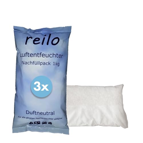 reilo 3x 1kg Luftentfeuchter Granulat (Calciumchlorid), Raumentfeuchter im Vliesbeutel, Nachfüllpacks für Luftentfeuchterboxen 900 bis 1200 g, Staffelpreis, für Auto, Schlafzimmer, Keller von reilo