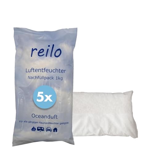 reilo 5X 1kg Luftentfeuchter Granulat mit Oceanduft, Raumluftentfeuchter im Vliesbeutel, Nachfüllpacks für gängige Entfeuchterboxen, Lufttrockner für Wohnraum, Schlafzimmer, Keller von reilo