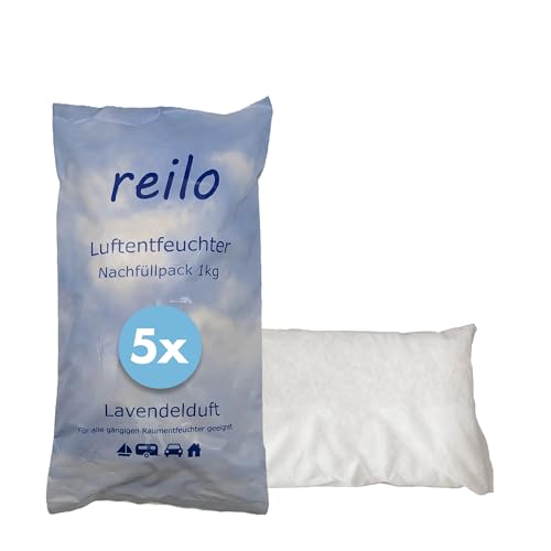 reilo 5x 1kg Lavendelduft Luftentfeuchter Granulat, Raumluftentfeuchter im Vliesbeutel, Nachfüllpacks für gängige Entfeuchterboxen, Lufttrockner für Wohnraum, Schlafzimmer, Keller von reilo