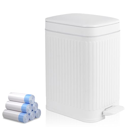 Kleiner Badezimmer-Mülleimer mit Deckel, 5 l, schmaler Mülleimer mit Abfalleimer mit sanft schließendem Abfalleimer für Badezimmer, Schlafzimmer, Büro, Wohnheim, Wohnmobil, Weiß von rejomiik