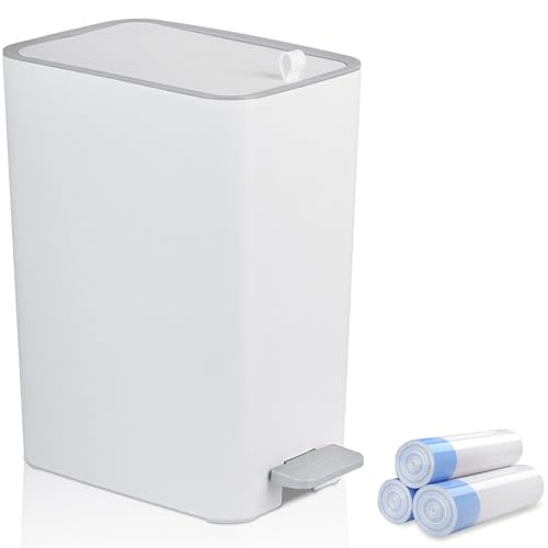 rejomiik Kleiner Badezimmer-Mülleimer mit Deckel, 10 l Stufen-Abfalleimer mit Griff, schmaler Mini-Abfalleimer für Schlafzimmer, Büro, Wohnheim, Weiß von rejomiik