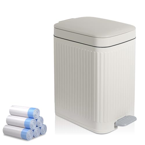 rejomiik Kleiner Badezimmer-Mülleimer mit Deckel, schmaler Mülleimer mit sanft schließendem Abfalleimer für Badezimmer, Schlafzimmer, Büro, Wohnheim, Wohnmobil, Off-White von rejomiik