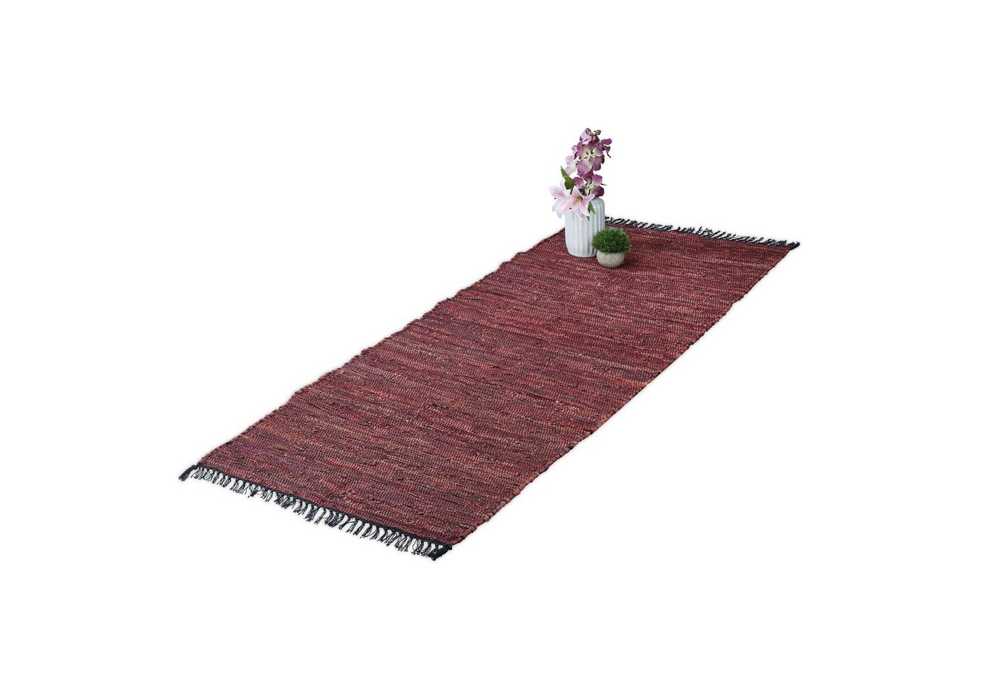 Läufer Flickenteppich Leder & Baumwolle, relaxdays, Höhe: 10 mm, Rot, 70 x 140 cm von relaxdays